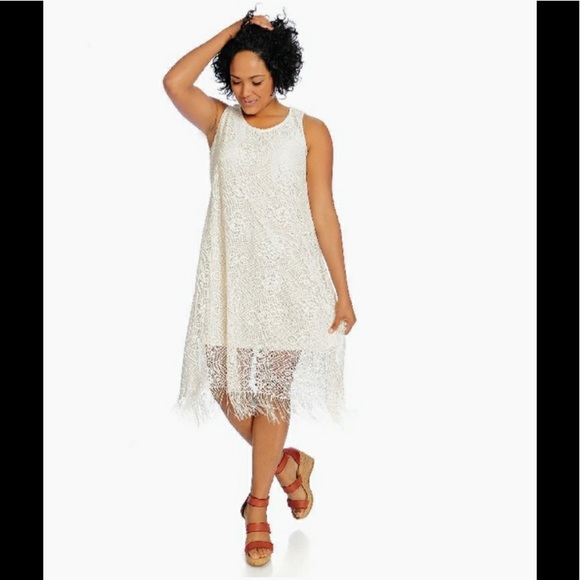 ONE WORLD Dresses & Skirts - One World White Crochet Midi Fringe Dress Sz XL NWT